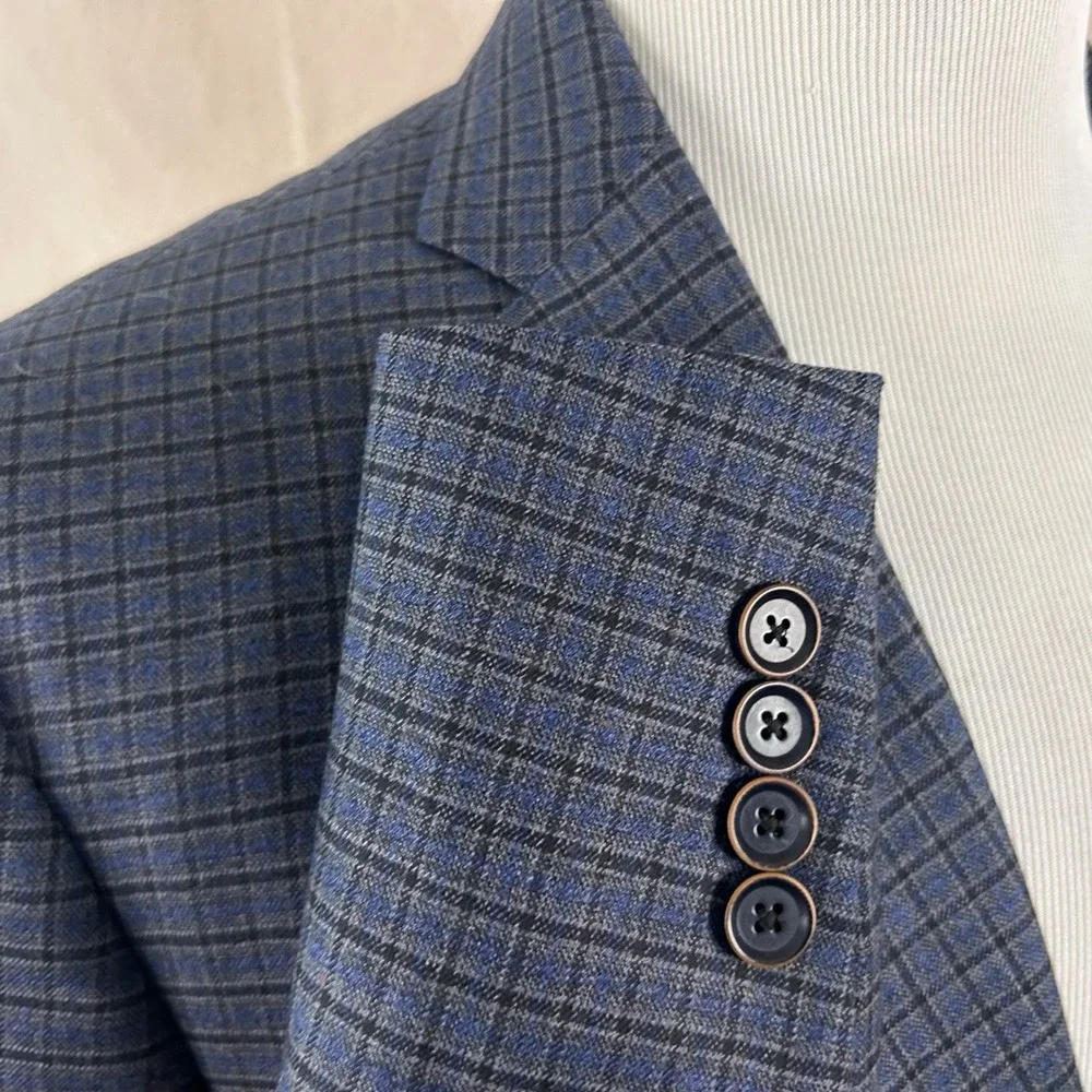 Hart Schaffner Marx 44R Sport Coat Wool Blend Blue Plaid Two Button Double Vent